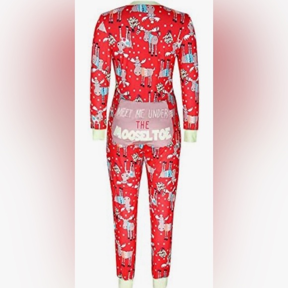 Moose Holiday Back PJ’s “Meet Me Under The Mooseltoe” Onsie Pajama  Red - Picture 3 of 12